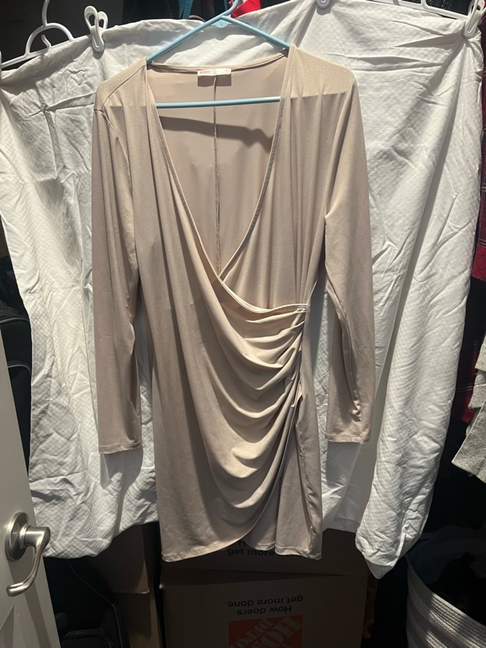 Draped V-Neck Long Sleeve Bodycon Dress - Light Beige